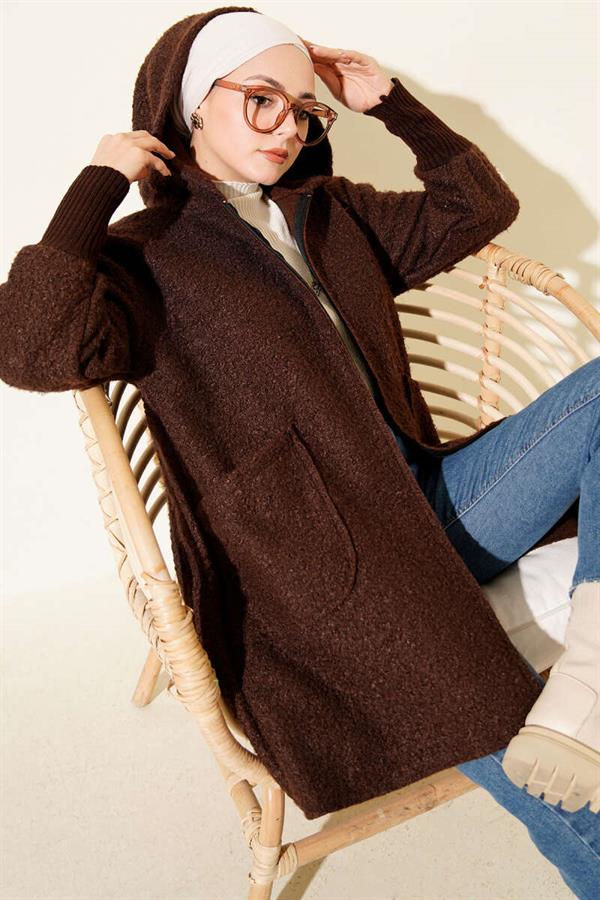 Ankle Ribbed Hooded Boucle Cardigan Brown