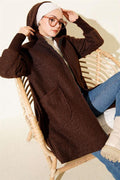 Ankle Ribbed Hooded Boucle Cardigan Brown