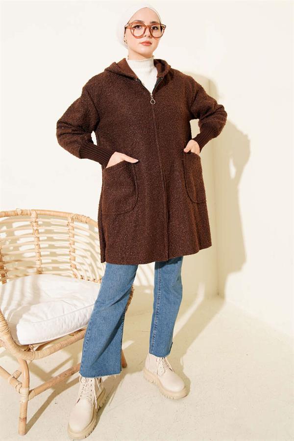 Ankle Ribbed Hooded Boucle Cardigan Brown