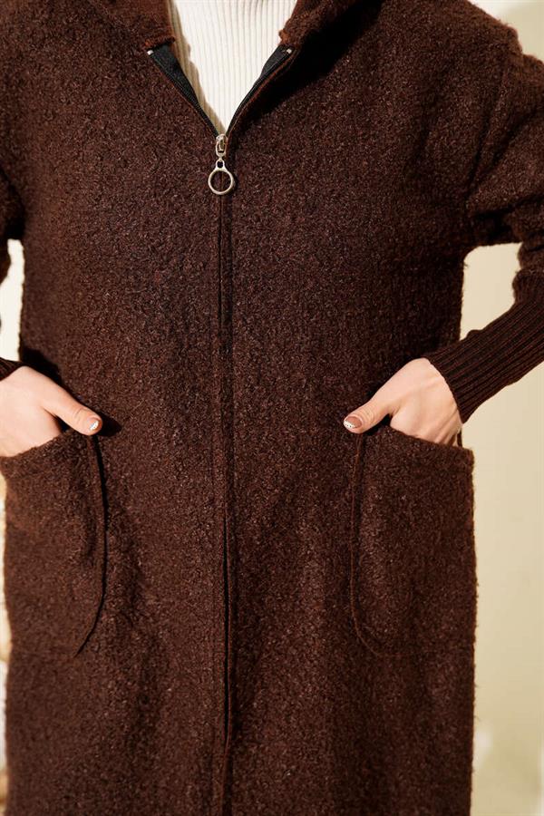 Ankle Ribbed Hooded Boucle Cardigan Brown