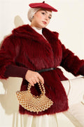 Ankle Ribbed Fur Coat Burgundy
