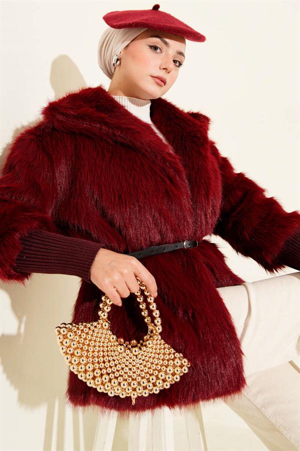 Ankle Ribbed Fur Coat Burgundy