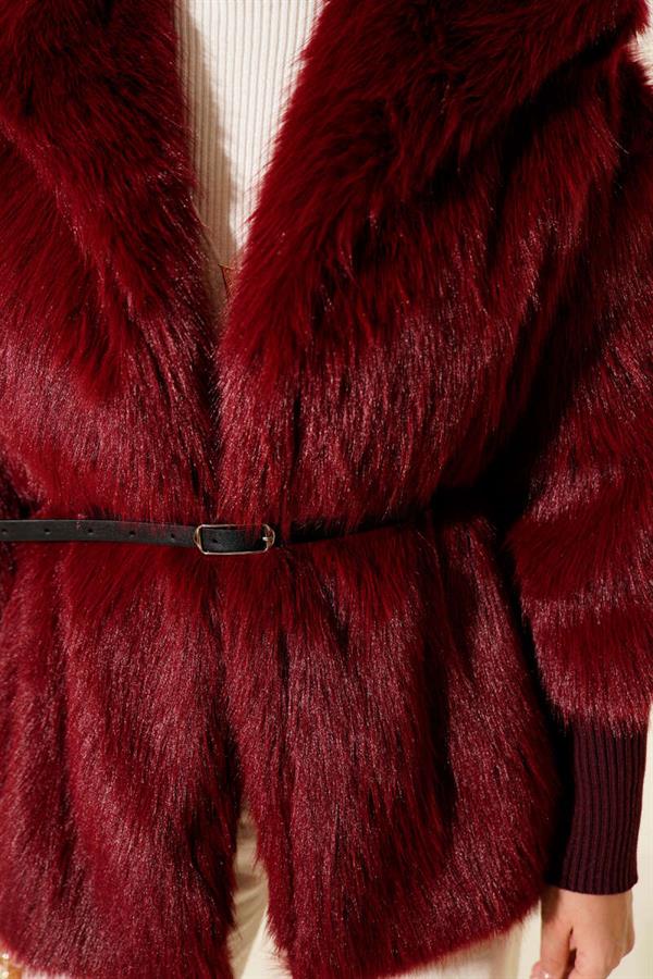 Ankle Ribbed Fur Coat Burgundy