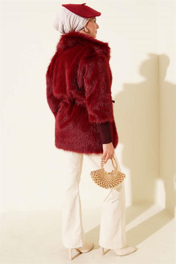 Ankle Ribbed Fur Coat Burgundy