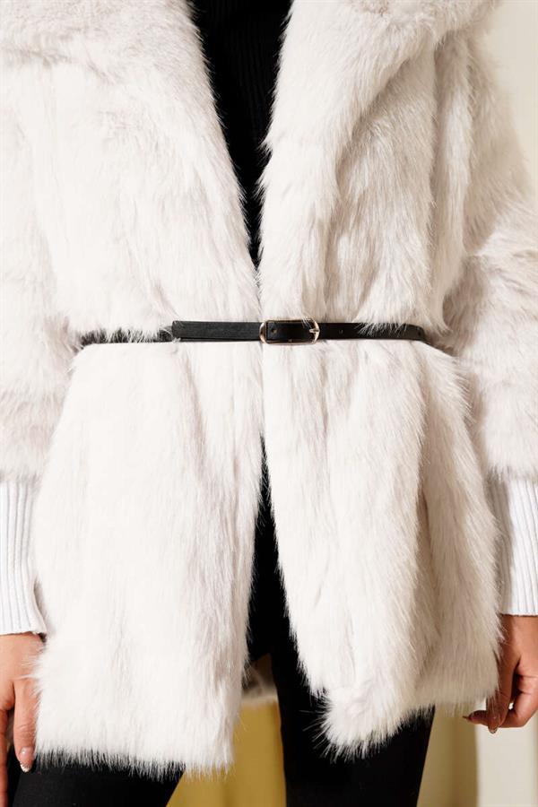 Ankle Ribbed Fur Coat Ecru