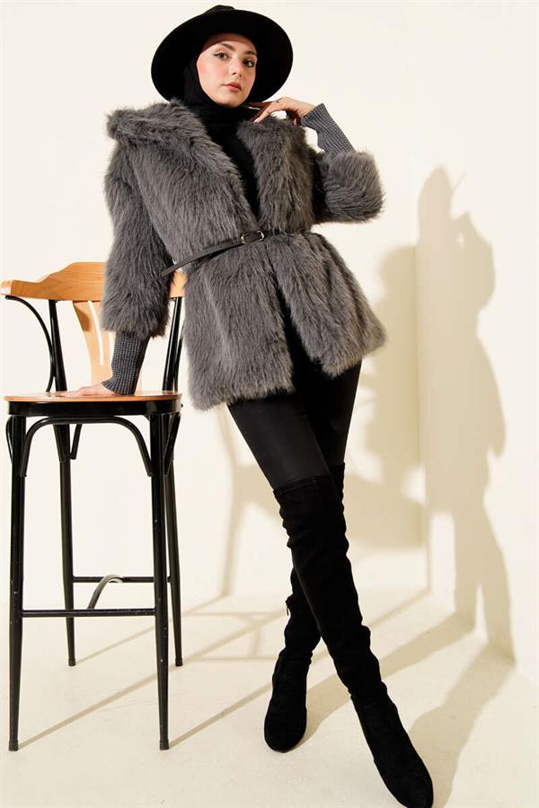 Ankle Ribbed Fur Coat Smoke Color