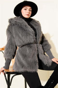 Ankle Ribbed Fur Coat Smoke Color