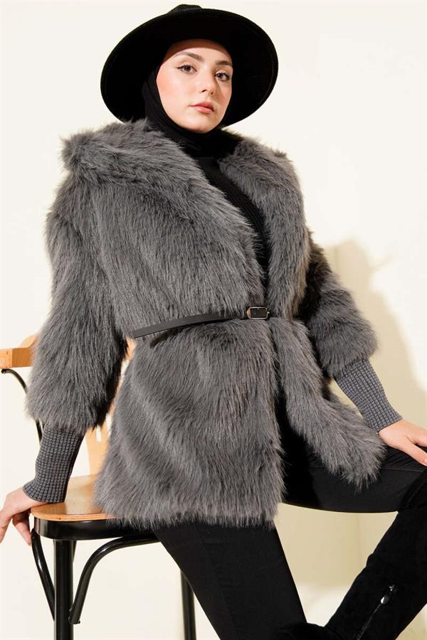 Ankle Ribbed Fur Coat Smoke Color