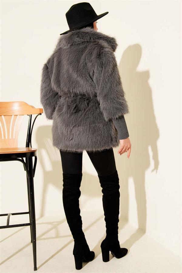 Ankle Ribbed Fur Coat Smoke Color