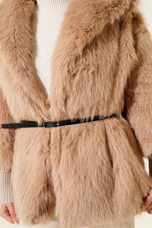 Ankle Ribbed Fur Coat Latte