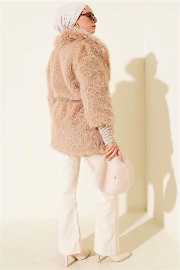 Ankle Ribbed Fur Coat Latte