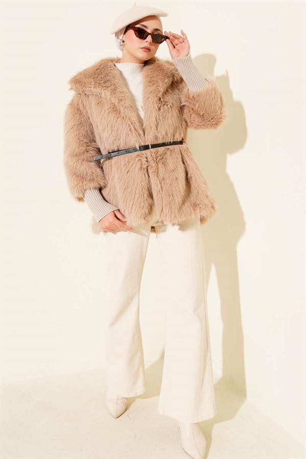 Ankle Ribbed Fur Coat Latte