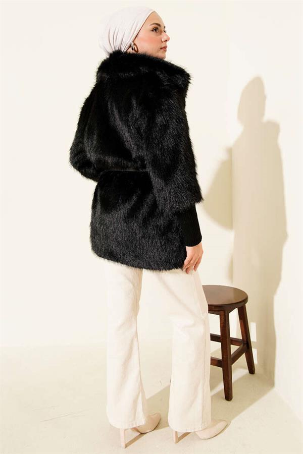 Ankle Ribbed Fur Coat Black