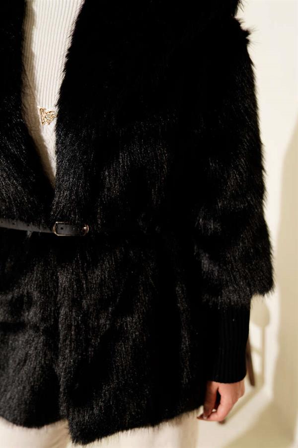 Ankle Ribbed Fur Coat Black
