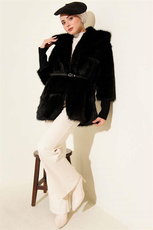 Ankle Ribbed Fur Coat Black