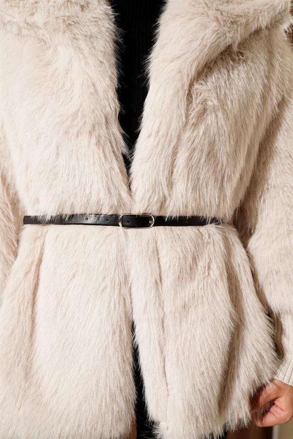 Ankle Ribbed Fur Coat Stone