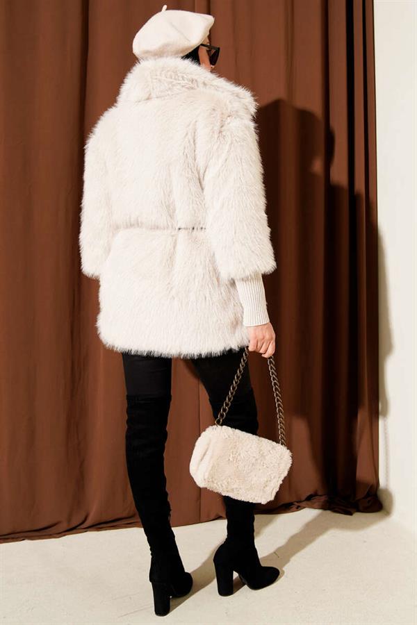 Ankle Ribbed Fur Coat Stone