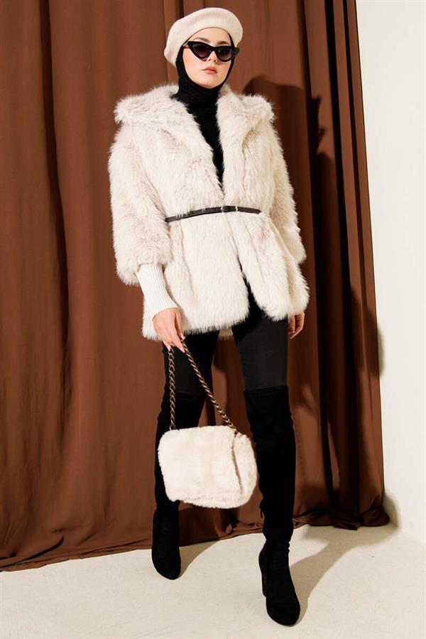 Ankle Ribbed Fur Coat Stone