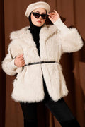 Ankle Ribbed Fur Coat Stone
