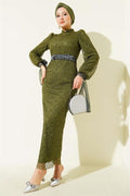 Sequin Evening Dress Khaki with Tulle Ankle Tie