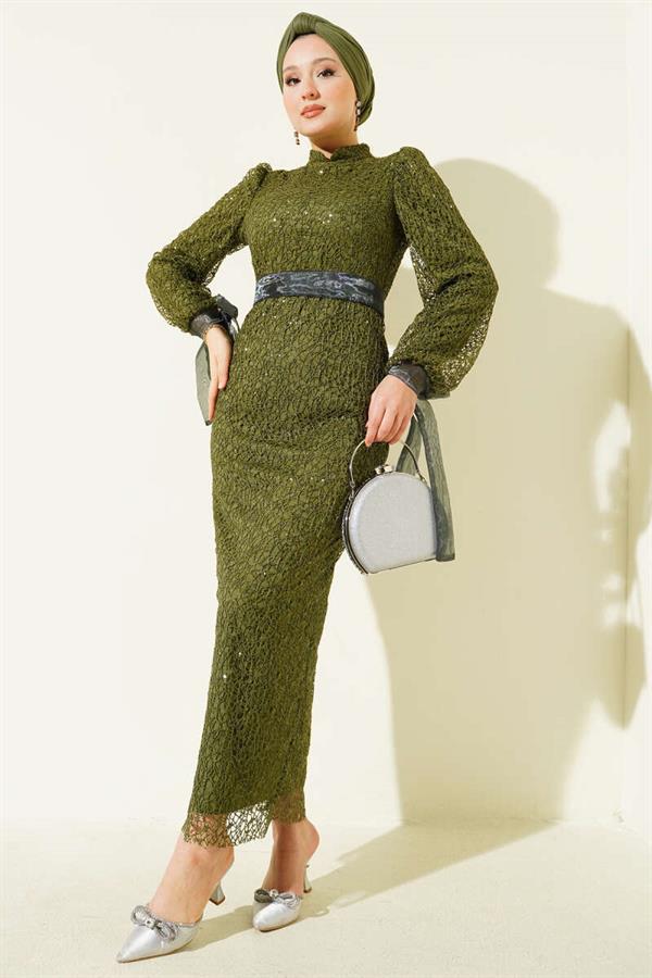 Sequin Evening Dress Khaki with Tulle Ankle Tie