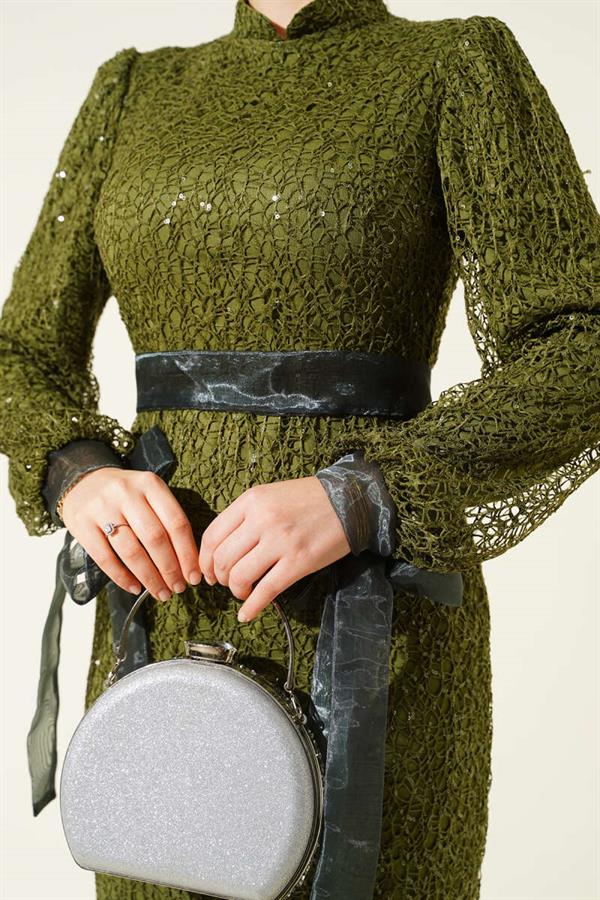 Sequin Evening Dress Khaki with Tulle Ankle Tie