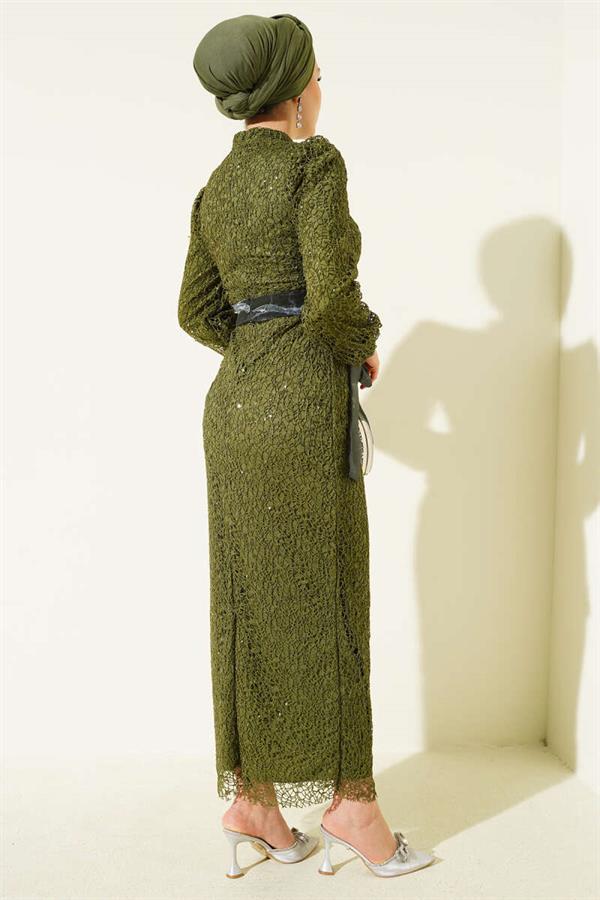 Sequin Evening Dress Khaki with Tulle Ankle Tie