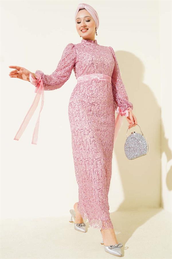 Pink Sequin Evening Dress with Tulle Ankle Tie