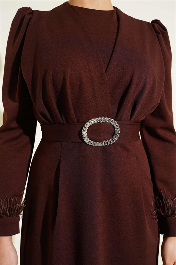 Ankle Feather Belted Evening Dress Brown