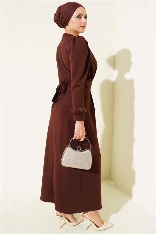 Ankle Feather Belted Evening Dress Brown