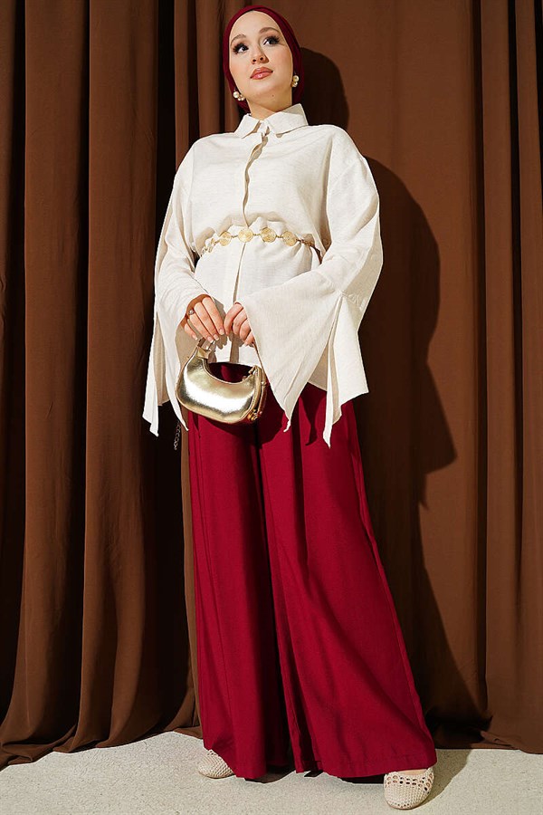 Linen-Look Shirt with Ankle Ruffles, Beige