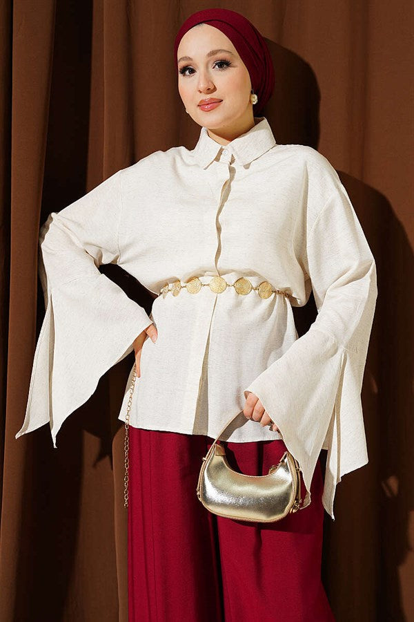 Linen-Look Shirt with Ankle Ruffles, Beige