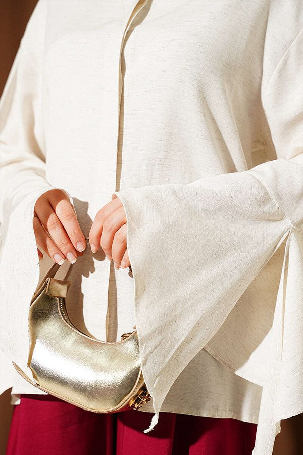 Linen-Look Shirt with Ankle Ruffles, Beige