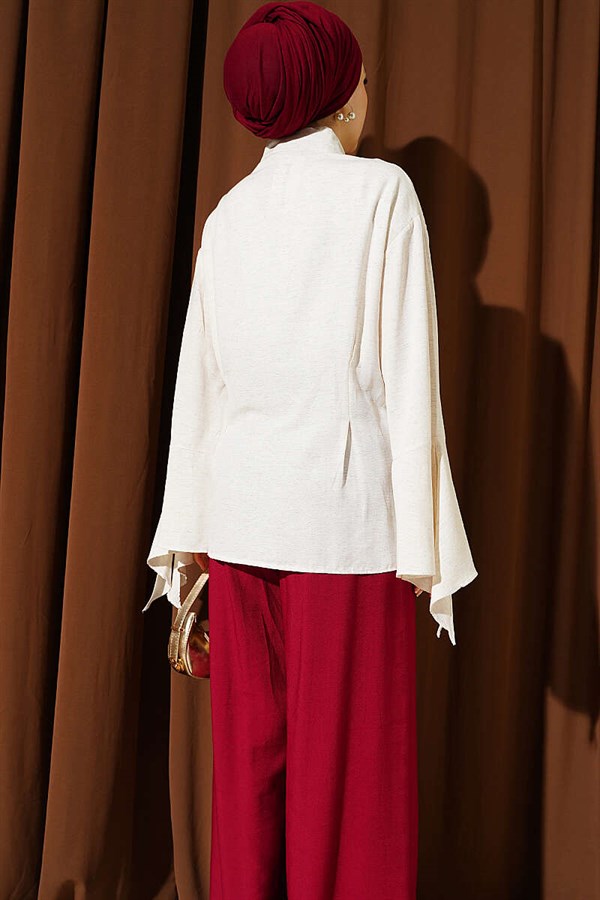 Linen-Look Shirt with Ankle Ruffles, Beige