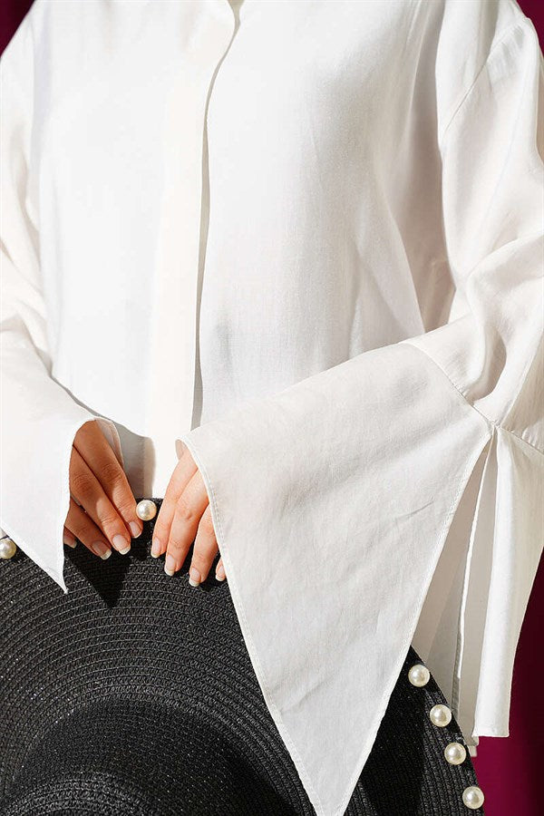 Ankle Slit Hidden Button Shirt, Ecru
