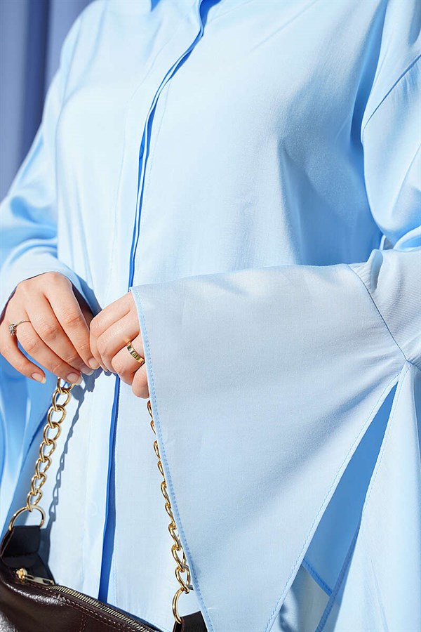 Ankle Slit Hidden Button Shirt Blue
