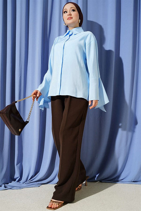 Ankle Slit Hidden Button Shirt Blue