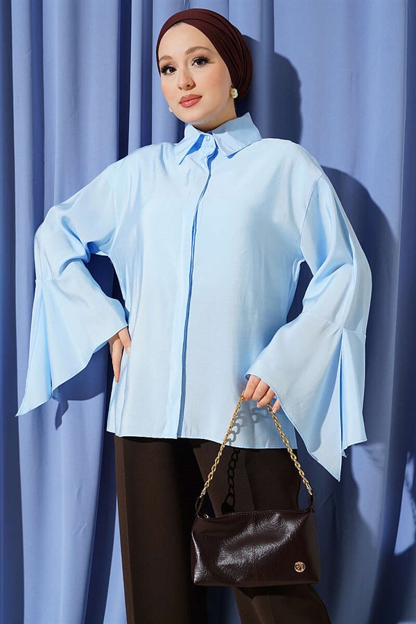 Ankle Slit Hidden Button Shirt Blue
