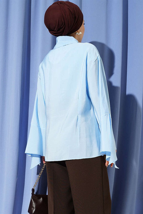 Ankle Slit Hidden Button Shirt Blue