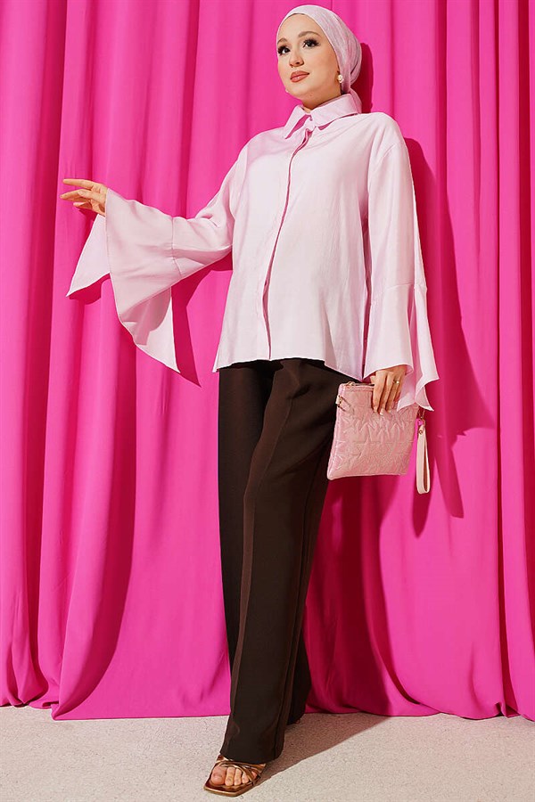 Pink Shirt with Ankle Slit and Hidden Buttons