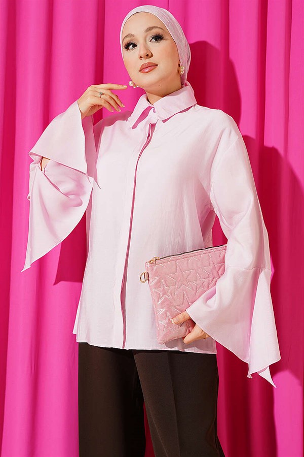 Pink Shirt with Ankle Slit and Hidden Buttons