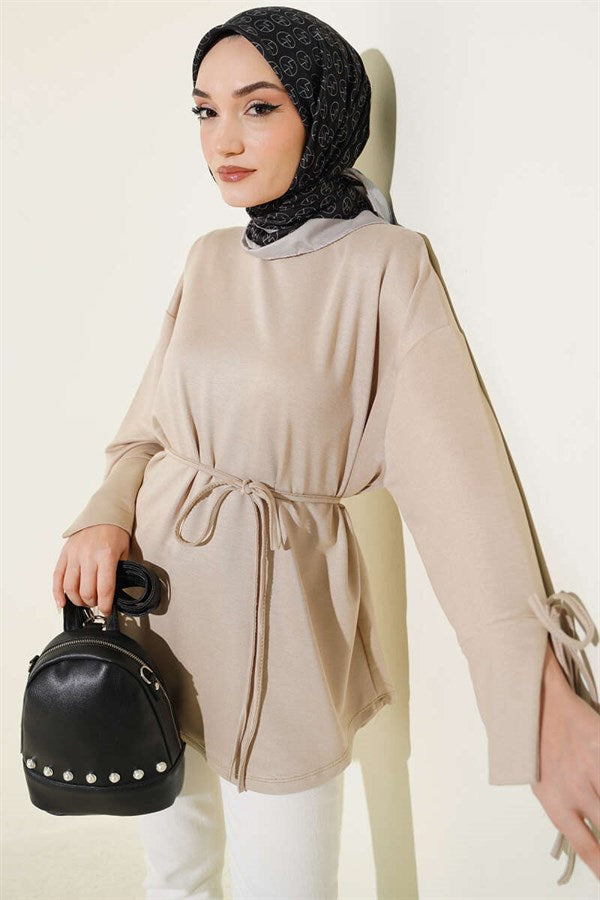 Loisha Tunic with Ankle Slit and Drawstring, Beige