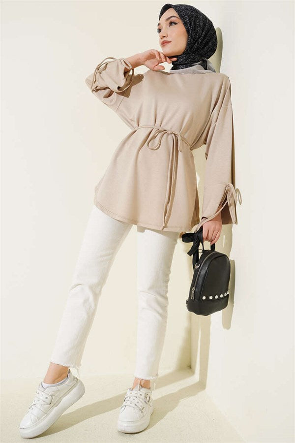 Loisha Tunic with Ankle Slit and Drawstring, Beige