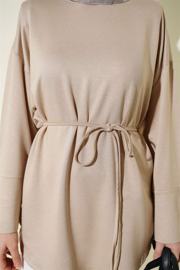Loisha Tunic with Ankle Slit and Drawstring, Beige