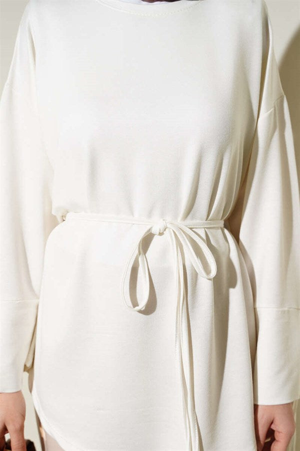Ankle Slit Drawstring Loisha Tunic, Ecru