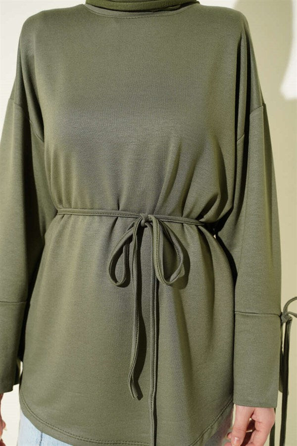 Ankle Slit Drawstring Loisha Tunic, Khaki