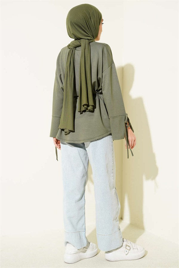 Ankle Slit Drawstring Loisha Tunic, Khaki