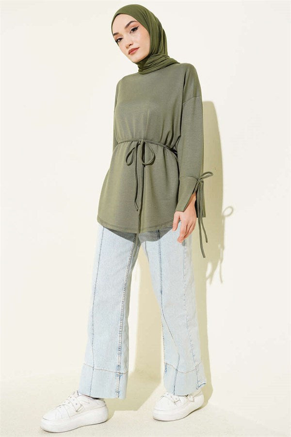 Ankle Slit Drawstring Loisha Tunic, Khaki