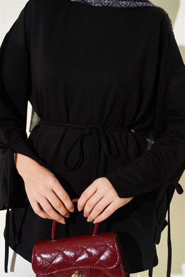 Loisha Tunic with Ankle Slit and Drawstring, Black