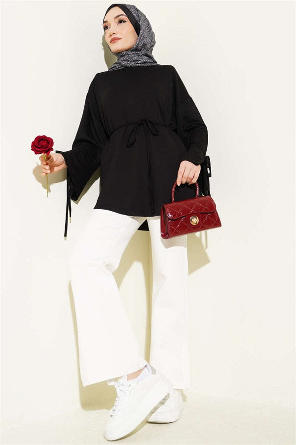Loisha Tunic with Ankle Slit and Drawstring, Black